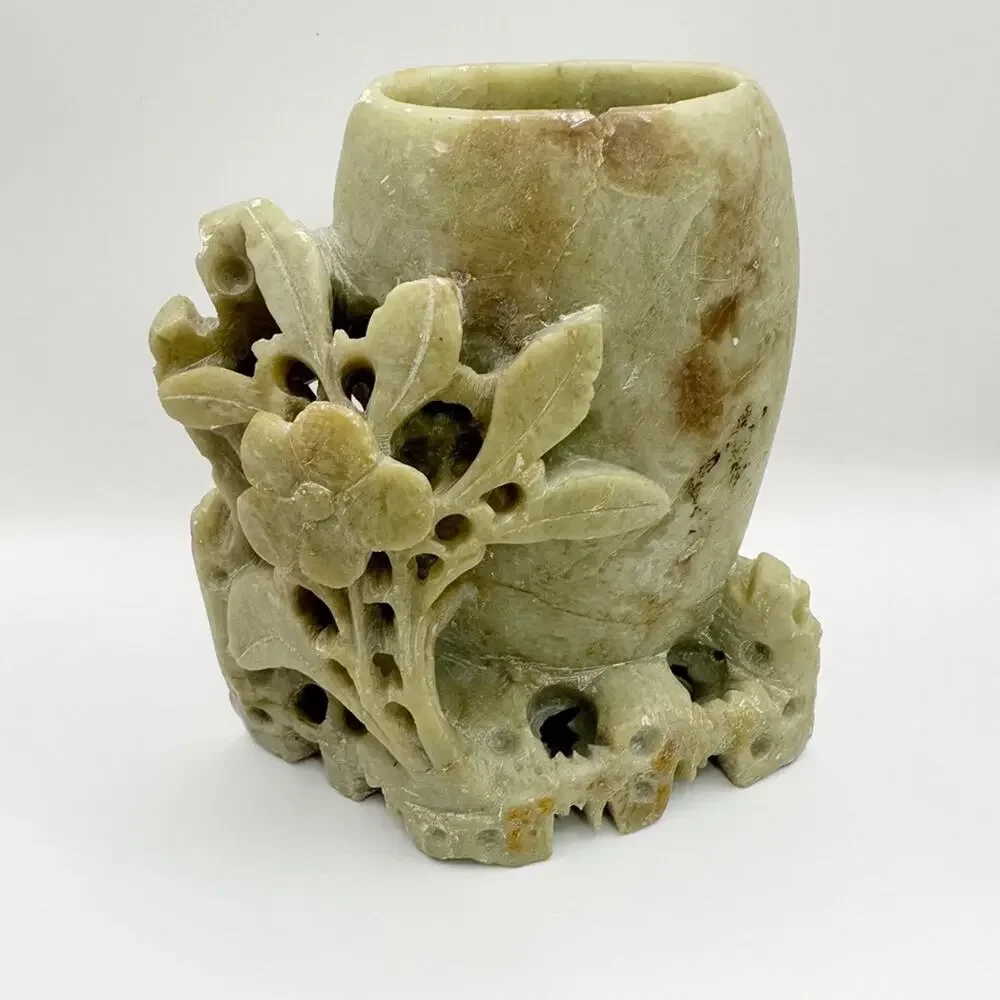 Vintage Chinese Soapstone Carved Floral Miniature Pen Holder Bud Vase home decor